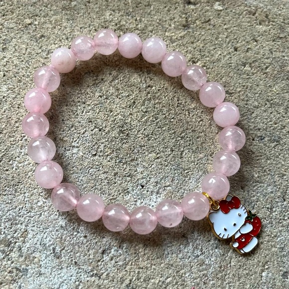 8mm Rose Quartz Hello Kitty Pendant Beaded Bracelet - Picture 3 of 4